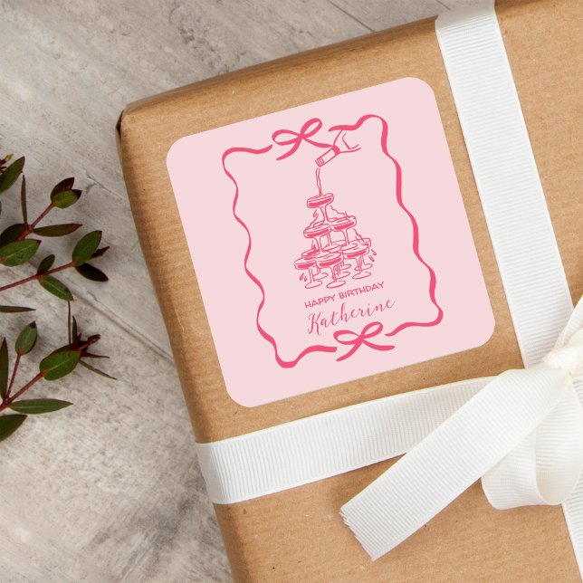 Champagne Tower Pink Hand Drawn Doodles Birthday  Quadratischer Aufkleber (Von Creator hochgeladen)