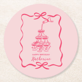 Champagne Tower Pink Hand Drawn Doodles Birthday Runder Pappuntersetzer