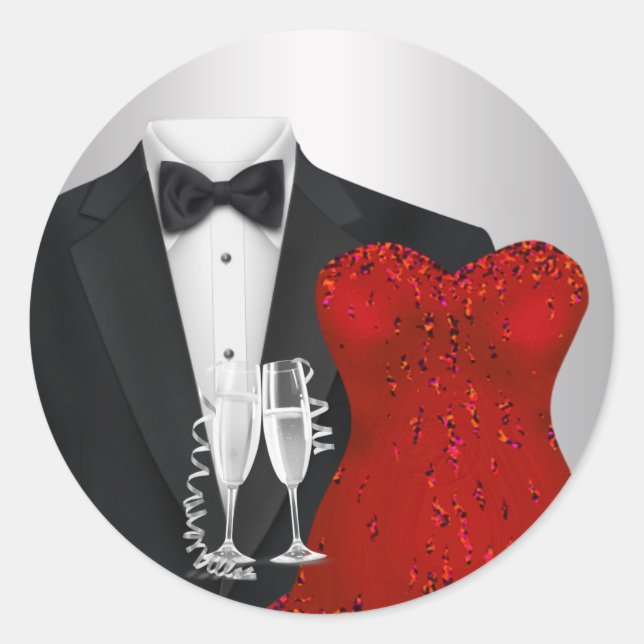 Champagne Tuxedo Rotes Kleid Party Stickers (Vorderseite)