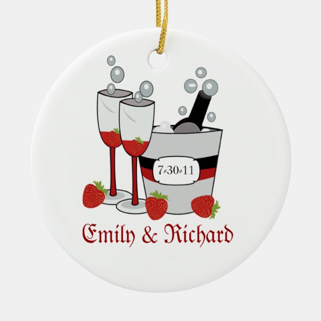 Champagne u. ErdbeerBrautparty-Datum Keramik Ornament (Vorne)