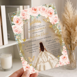 Champagne Vintage Gold Blush Floral Quinceañera-Ei Acryleinladungen