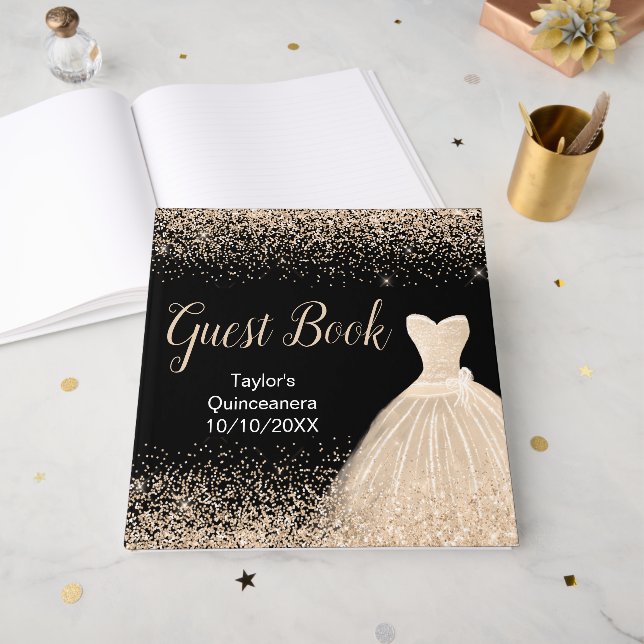 Champagne White Dress Faux Glitter Quinceanera Gästebuch (Vorderseite offen)