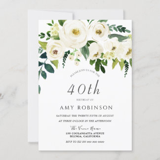 Champagne White Floral Elegant 40. Geburtstag Part Einladung