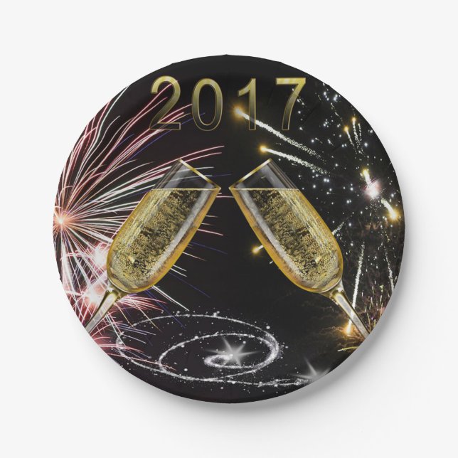Champagnegläser 2017 und -Feuerwerke Pappteller (Vorderseite)