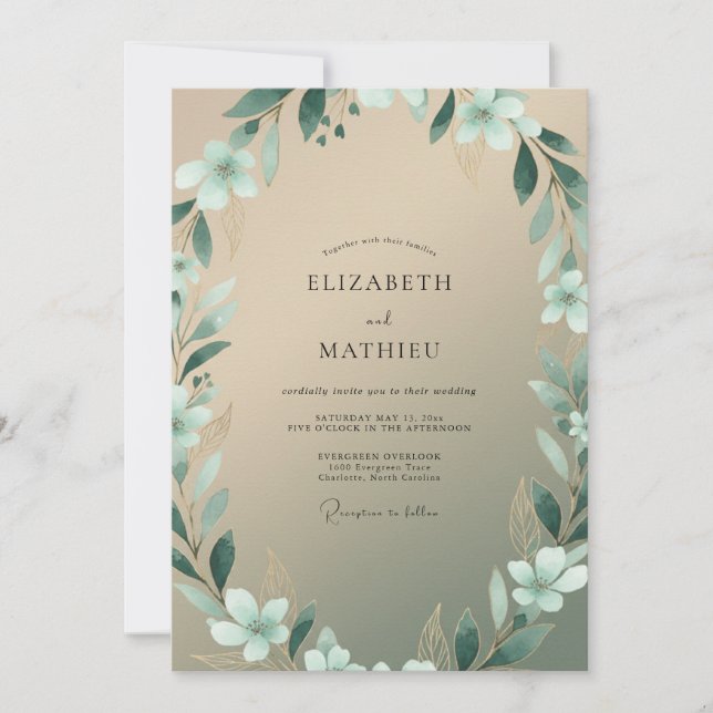 Champagner-Aqua-Blatt-Hochzeit Einladung (Vorderseite)