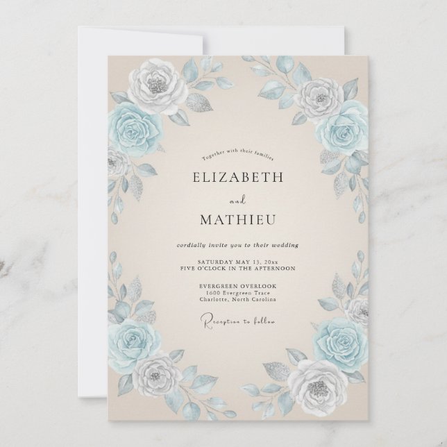 Champagner Azurblättrige Hochzeit Einladung (Vorderseite)