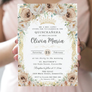 Champagner Beige Creme Blumen Vintage Quinceañera Einladung