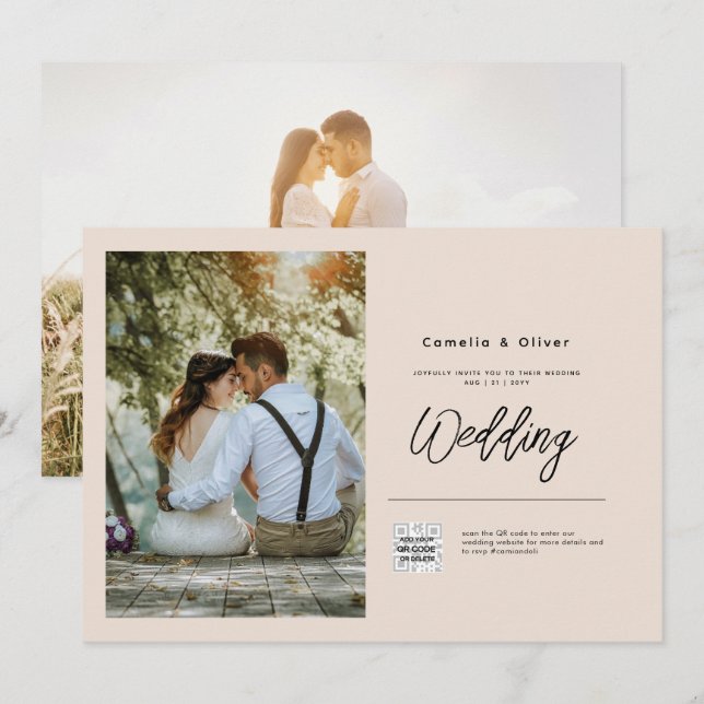 Champagner Blush FOTO Wedding Einladung QR Code (Vorne/Hinten)