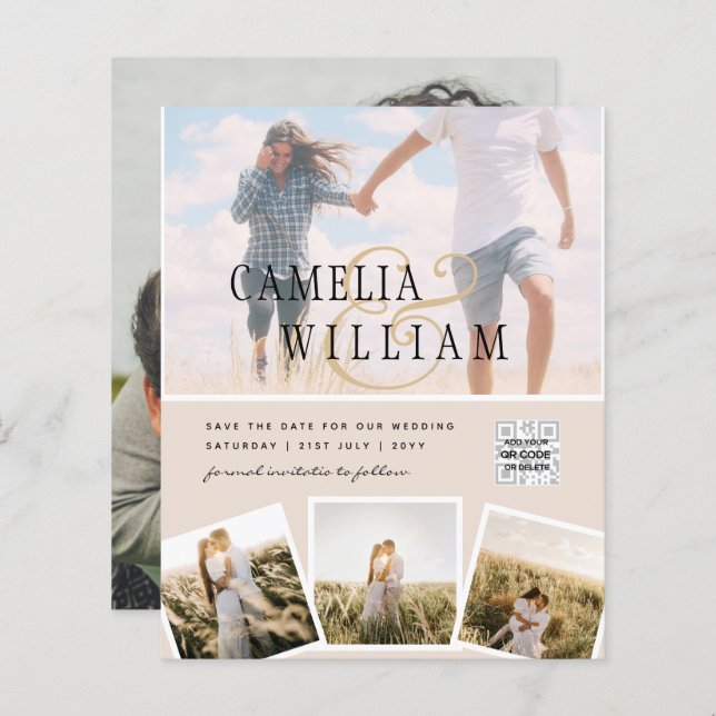 Champagner Blush FOTO Wedding Einladung QR Code (Vorne/Hinten)