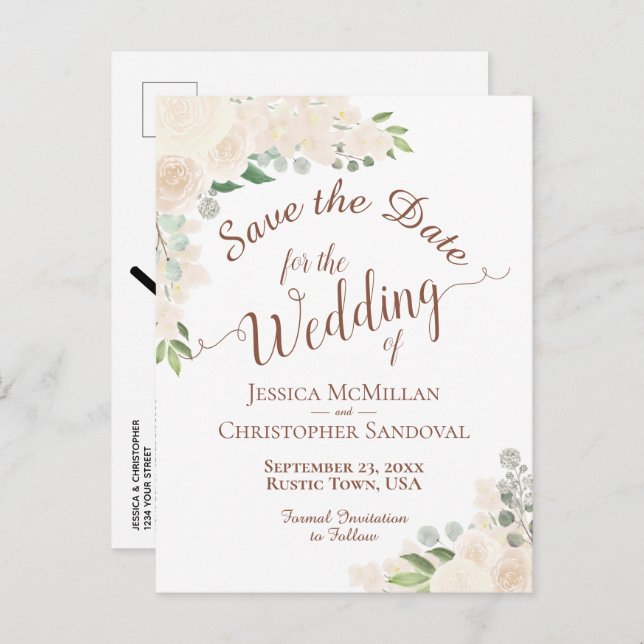 Champagner Blush Peach Floral Wedding Save the Dat Ankündigungspostkarte (Vorne/Hinten)