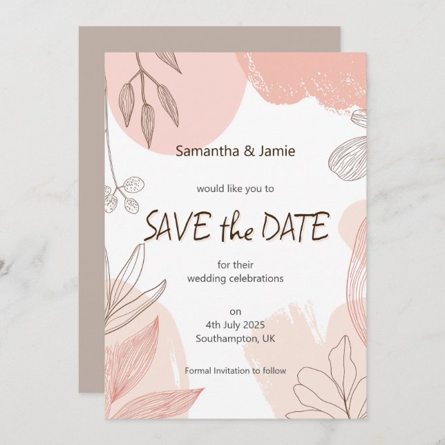 Champagner Blush Pink Hand gezeichnet Blumensaver Save The Date (Vorne/Hinten)