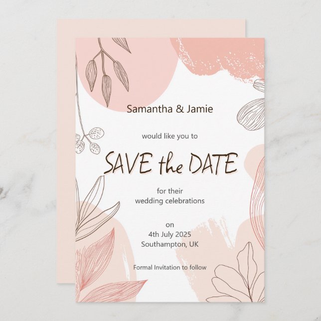 Champagner Blush Pink Hand gezeichnet Blumensaver Save The Date (Vorne/Hinten)