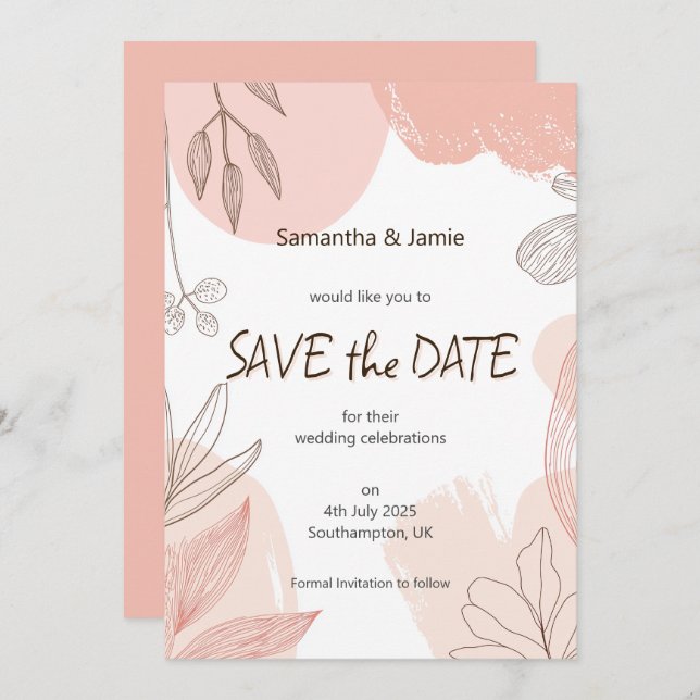 Champagner Blush Pink Hand gezeichnet Blumensaver Save The Date (Vorne/Hinten)