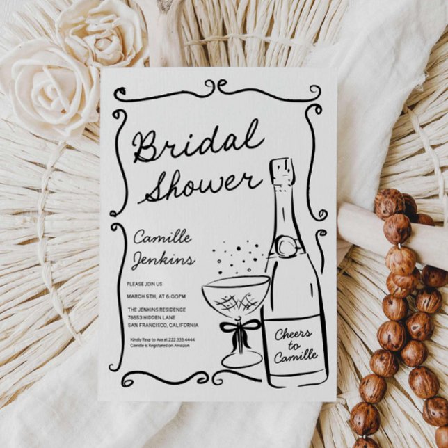 Champagner Brautparty Handgezeichnete Einladung (Champagne Bridal Shower Hand Drawn Black and White Invitation)