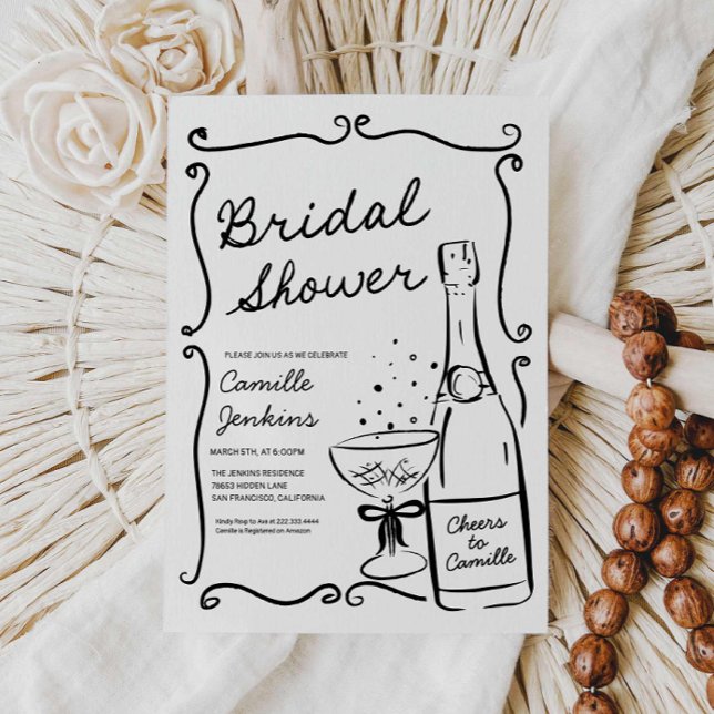 Champagner Brautparty Handgezeichnete Einladung (Champagne Bubbly Bridal Shower Invitation)