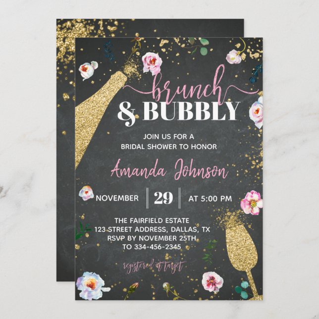Champagner Brunch & Bubbly Bridal Dusche Einladung (Vorne/Hinten)