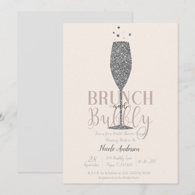 Champagner Brunch & Bubbly Silver Brautparty Einladung (Vorne/Hinten)
