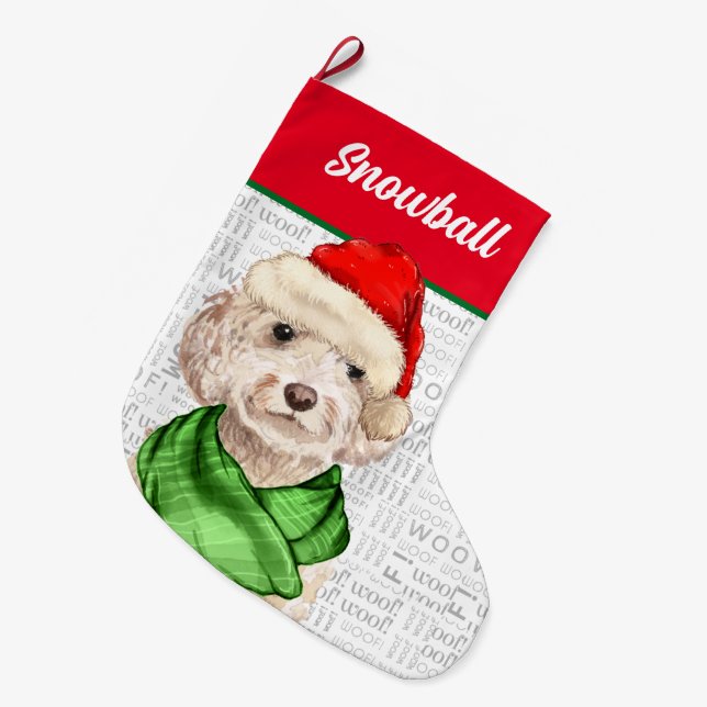 Champagner Cockapoo Weihnachten mit dem Namen des  Großer Weihnachtsstrumpf (Vorderansicht (hängend))