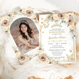 Champagner Cream Floral Sweet 16 Quinceañera Foto Einladung