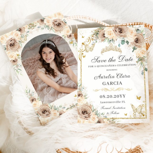 Champagner Cream Floral Sweet 16 Quinceañera Foto Save The Date (Von Creator hochgeladen)