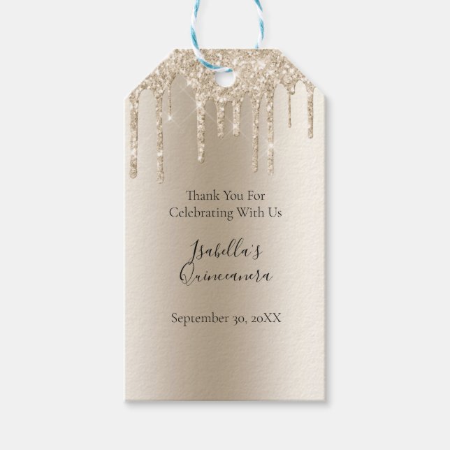 Champagner Dripping Glitzer Quinceanera Gefälligke Geschenkanhänger (Vorderseite)