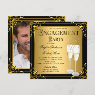 Champagner Faux Gold Schwarz Verlobungsfeier Foto Einladung