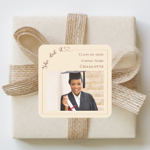 Champagner Foto Sie hats geschafft Absolventin Quadratischer Aufkleber