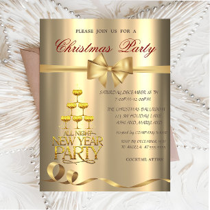 Champagner-Glas-Schleife Gold-Weihnachtsfeier Einladung