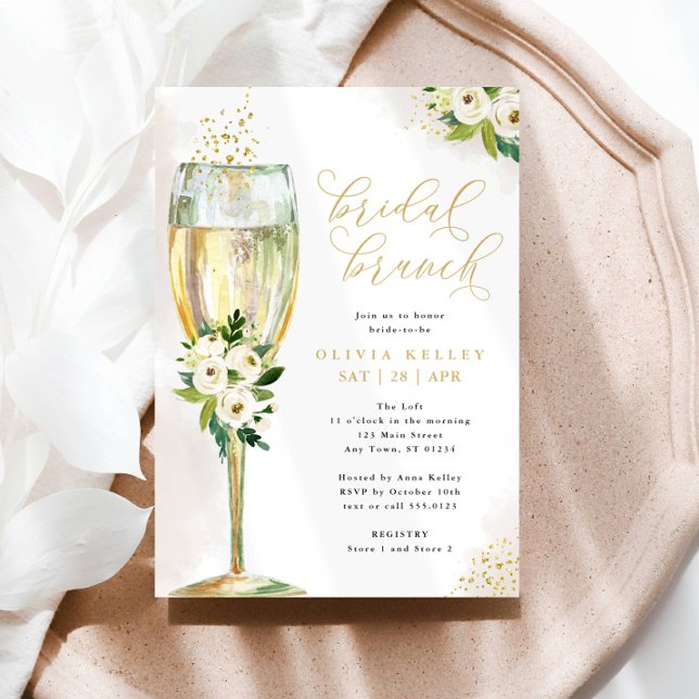 Champagner Glass White & Gold Floral Bridal Brunch Einladung (Von Creator hochgeladen)