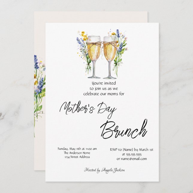 Champagner Glass Wildblume Muttertag Brunch Einladung (Vorne/Hinten)