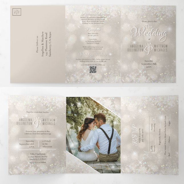 Champagner Glitzer Foto Alles in einem Budget Hoch Dreifach Gefaltete Einladung (All in One Trifold Champagne Glitter Budget Wedding Invitation)