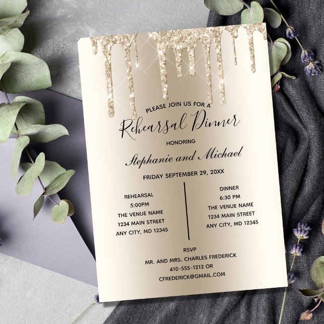 Champagner Glitzer Tropfen Probe Abendessen Einlad Einladung (Champagne Gold Dripping Glitter Wedding Rehearsal Dinner Invitation)