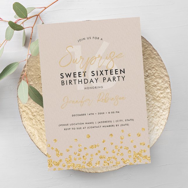 Champagner Gold Glitzer Confetti Überraschung Swee Einladung (Champagne Gold Glitter Confetti Surprise Sweet 16 Invitation)