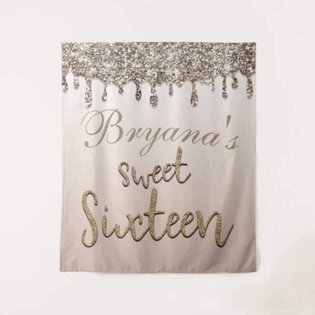 Champagner Gold Glitzer Tropfen Glam Sweet 16 Hint Wandteppich (Vorderseite)