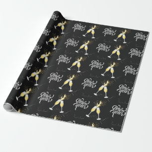 Champagner Gold Schwarz Weinglas Konfetti Modern Geschenkpapier