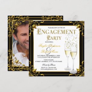 Champagner Gold Schwarz Weiß Verlobung Party Foto Einladung