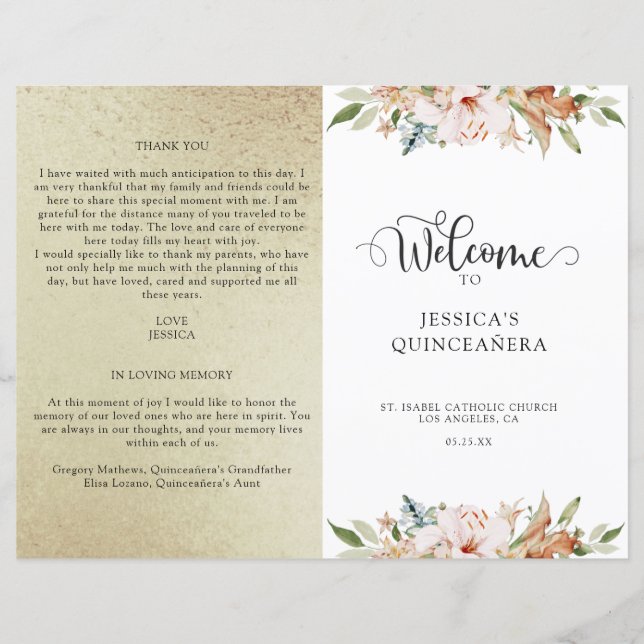 Champagner Gold und Pink Floral Quinceanera Progra (Vorderseite)