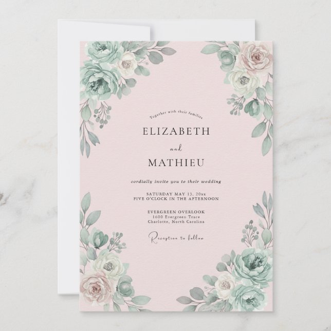 Champagner-Grau-grüne-Eukalyptus-Hochzeit Einladung (Vorderseite)