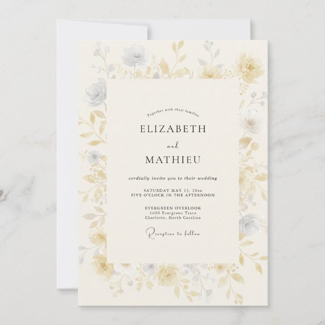 Champagner-Grau-Wildblumen-Hochzeit Einladung (Vorderseite)