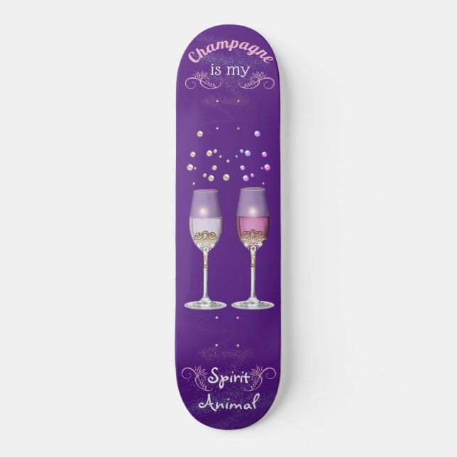Champagner Is My Spirit Animal White Pink Bubbles Skateboard (Vorderseite)