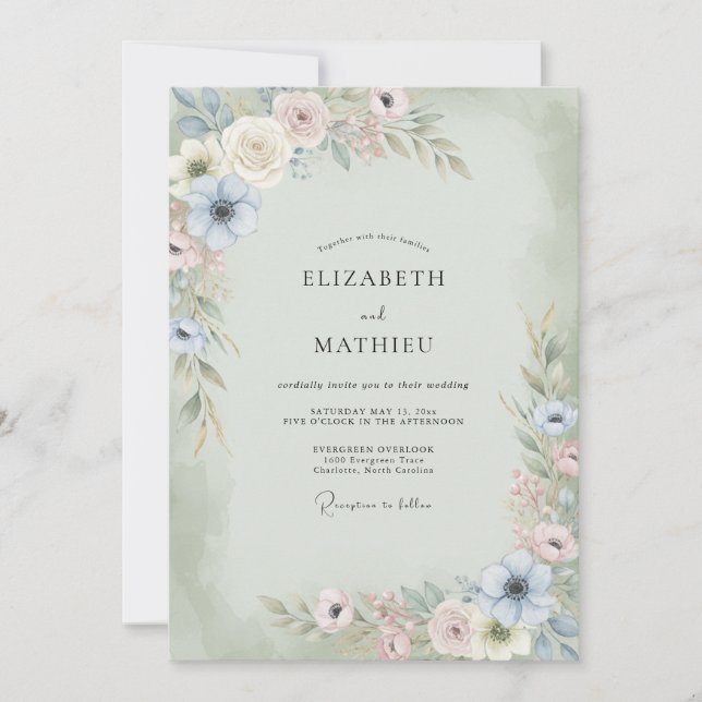 Champagner-Mint-Anemonen-Hochzeit Einladung (Vorderseite)
