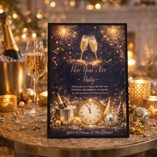 Champagner-Mitternachts-Toasteinladung Einladung (Ring in the new year with champagne, fireworks, and a glowing midnight celebration)