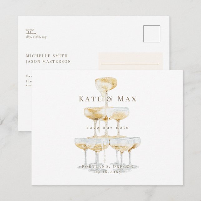 Champagner Moderne Hochzeit retten Datum Postkarte (Vorne/Hinten)