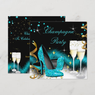 Champagner Party Glitter Türkisblaue High Heels Einladung