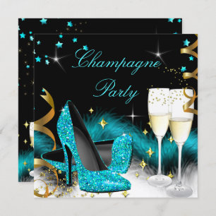 Champagner Party Glitzer Aquamarin Blue High Heels Einladung