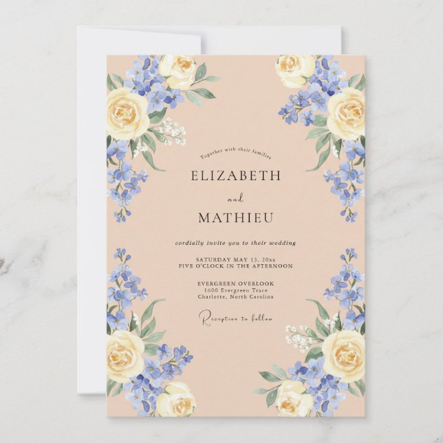 Champagner-Periwinkle-Rosen-Hochzeit Einladung (Vorderseite)