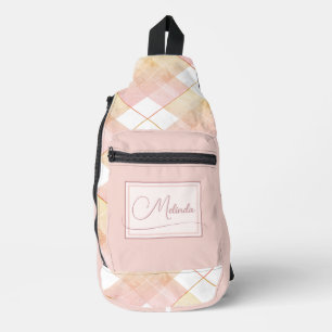 Champagner-Pfirsich-Rosa-Kariert mit Namens-Schult Crossbody Bag