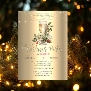 Champagner, Poinsettia, Holly Berry Gold Einladung