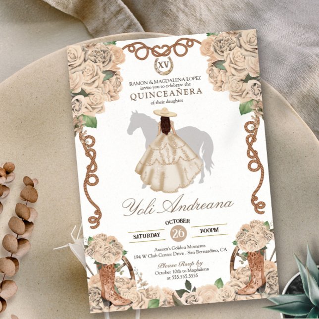 Champagner Rose Cream Floral Charro Quinceanera Einladung (Von Creator hochgeladen)