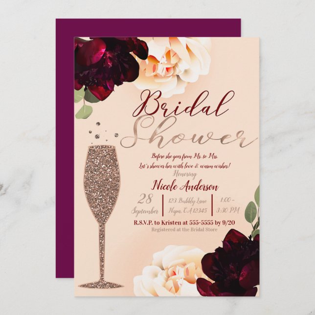 Champagner Rose Gold Peach Floral Brautparty Einladung (Vorne/Hinten)